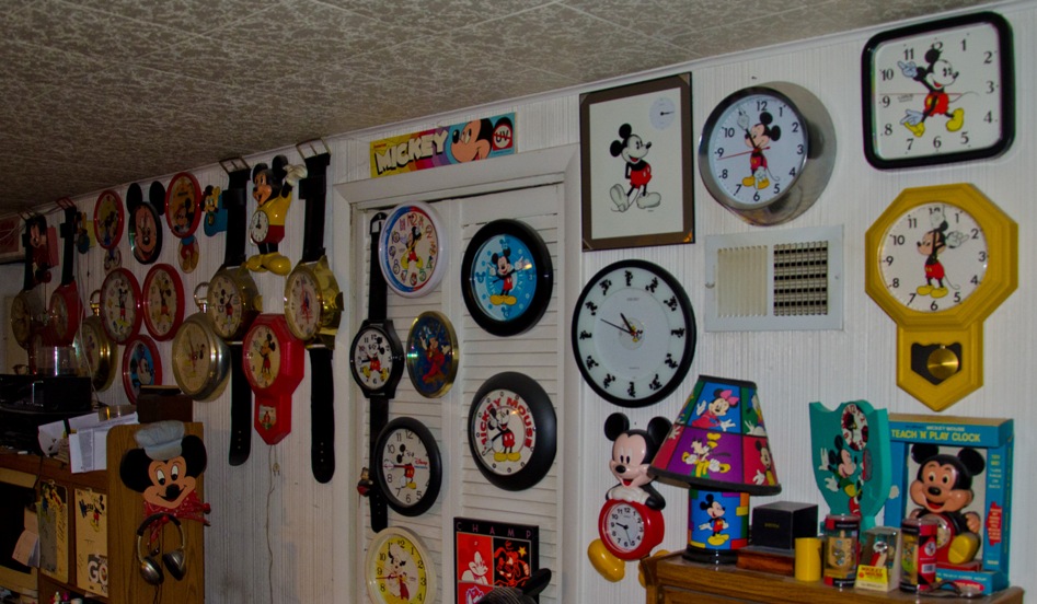 Wall covered with Mickey Mouse clocks